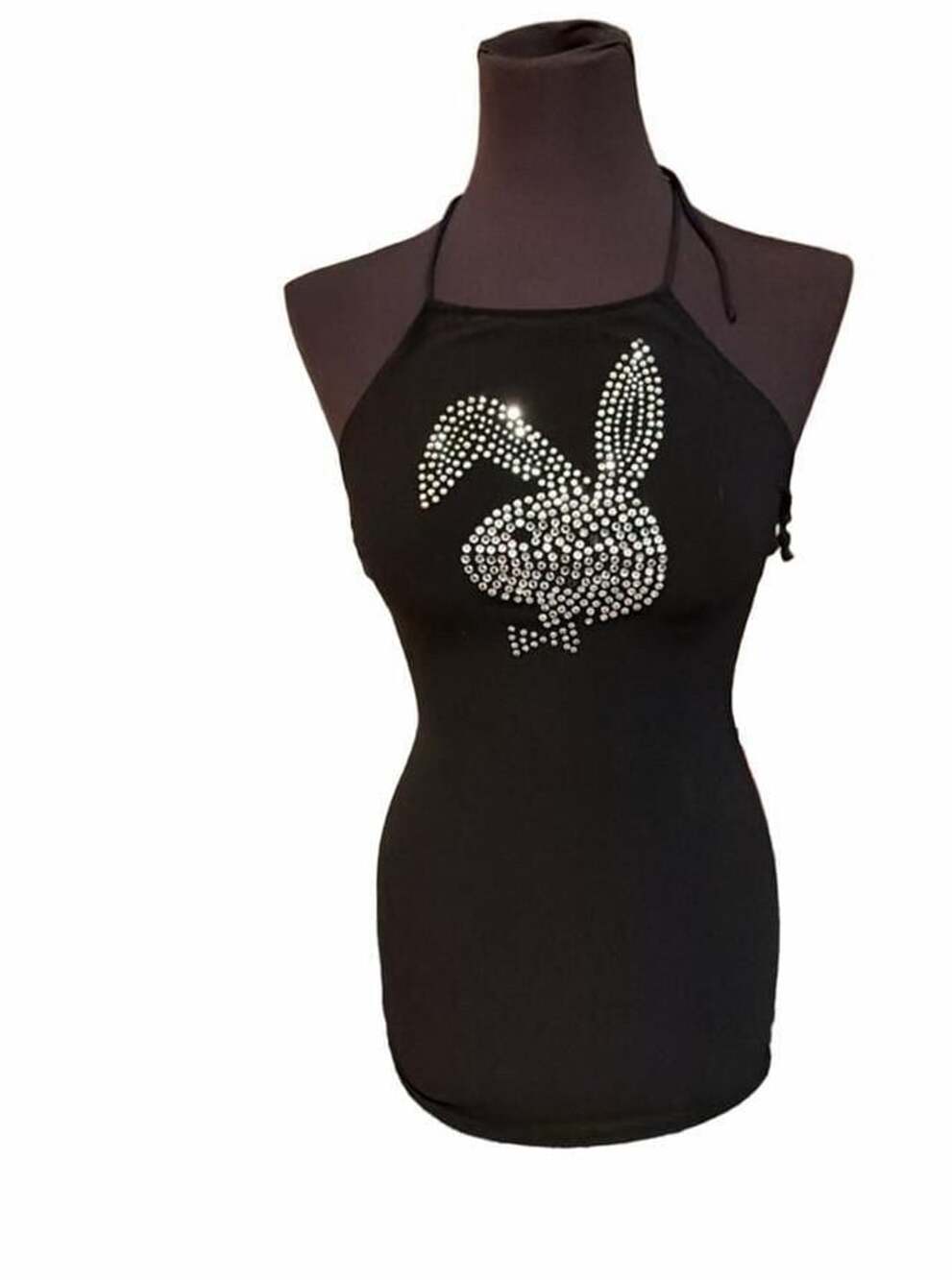 Playboy Rhinestone Halter Mini Dress Size L Black Bunny Logo